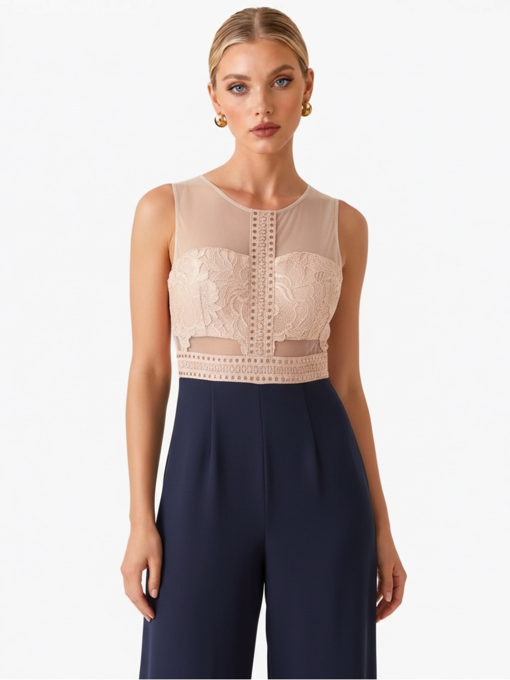 NORDSTROM Sleeveless Mesh Peach Lace Bodice Navy Blue Jumpsuit MEDIUM